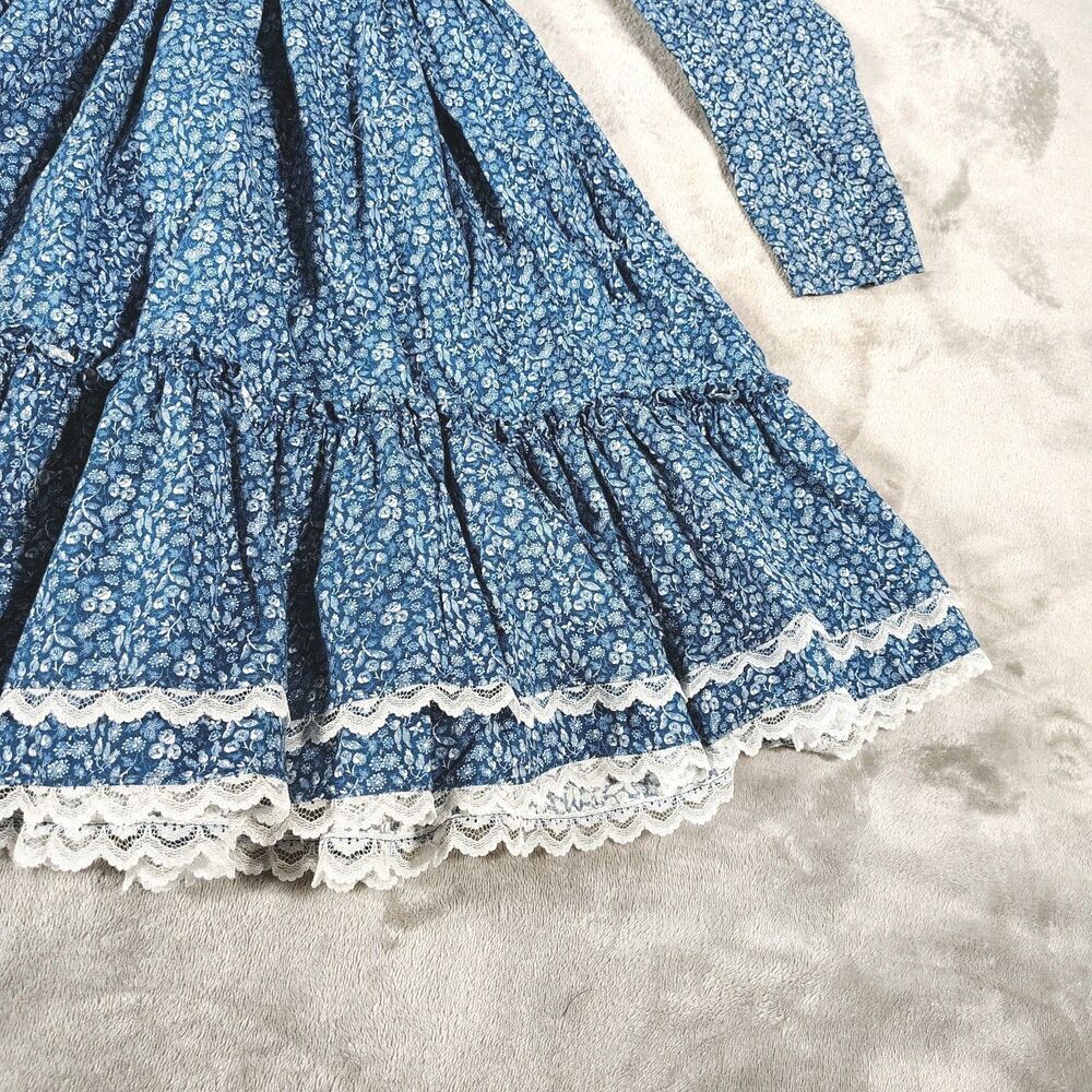 Vtg Mini World Prairie Dress Size 8 Blue Ditsy Floral Ruffle Lace Cottage Utah - Picture 4 of 11
